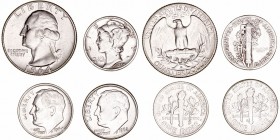 Estados Unidos 
AR. Lote de 4 monedas. Dime 1944, 1962 D y 1964, 1/4 Dólar 1964 D. EBC a MBC.