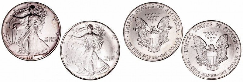 Estados Unidos 
Onza. AR. Lote de 2 monedas. Dólar-Onza 1991 y 1993. SC- a EBC+...