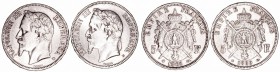Francia Napoleón III
5 Francos. AR. Lote de 2 monedas. 1868 BB y 1869 BB. KM.799.2. MBC-.