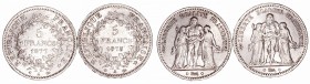 Francia 
5 Francos. AR. Lote de 2 monedas. 1873 A y 1877 A. KM.820.1. MBC-.