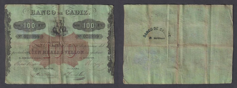 Banco de Cádiz
100 Reales de vellón. Sin fecha. III Emisión. Tampón en reverso....