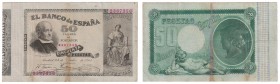 Banco de España
50 Pesetas. 24 Julio 1893. Jovellanos. ED.301. Pequeñas reparaciones. Muy escaso. (MBC+/MBC-).