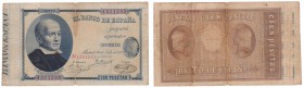 Banco de España
100 Pesetas. 24 Julio 1893. Jovellanos. ED.302. Rotura en doblez central, mancha y planchado. Muy escaso. (MBC-).