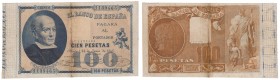 Banco de España
100 Pesetas. 24 junio 1898. Jovellanos. ED.305. Reparado en doblez central con pegamento y márgenes recortados. Escaso. (BC+).