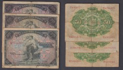 Banco de España
50 Pesetas. 24 septiembre 1906. Lote de 3 billetes. Sin serie, Serie B y Serie C. ED.315/A. BC- a RC.