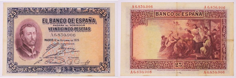 Banco de España
25 Pesetas. 12 octubre 1926. Serie A. Con sello en seco del Gob...