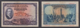 Guerra Civil-Zona Republicana, Banco de España
50 Pesetas. 17 mayo 1927. Sin serie. Sello en seco en la parte superior izquierda del Gobierno Provisi...