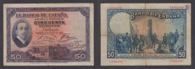 Guerra Civil-Zona Republicana, Banco de España
50 Pesetas. 17 mayo 1927. Sin serie. Sello en seco (difuso) en la parte superior izquierda del Gobiern...