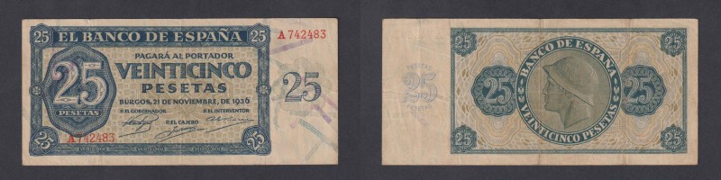 Estado Español, Banco de España
25 Pesetas. Burgos, 21 noviembre 1936. Serie A....