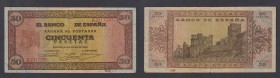 Estado Español, Banco de España
50 Pesetas. Burgos, 20 mayo 1938. Serie A. ED.430. Doblado en ocho partes y levemente reparado. (BC).