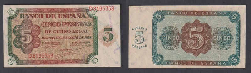 Estado Español, Banco de España
5 Pesetas. Burgos, 10 agosto 1938. Serie D. ED....