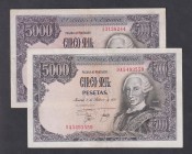 Juan Carlos I, Banco de España
5000 Pesetas. 6 febrero 1976. Lote de 2 billetes. Serie I y 9A. ED.475a/b. Corte en margen izquierdo y marca de grapa....