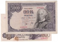 Juan Carlos I, Banco de España
5000 Pesetas. Sin serie. Lote de 2 billetes. 1976 y 1979. ED.475/478. BC+.