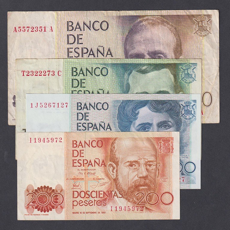 Juan Carlos I, Banco de España
Lote de 4 billetes. 200 Pesetas 1980 serie I, 50...