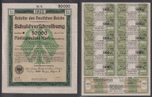 Billetes extranjeros
Berlín. 1922. Bonos/Obligaciones de estado alemán por 50000 M. Cupones completos. Ligera rotura en margen en el de los cupones. ...