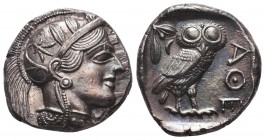 Attica, Athens AR Tetradrachm. Circa 454-404 BC. Helmeted head of Athena right / Owl standing right, head facing; olive sprig and crescent behind; AQE...