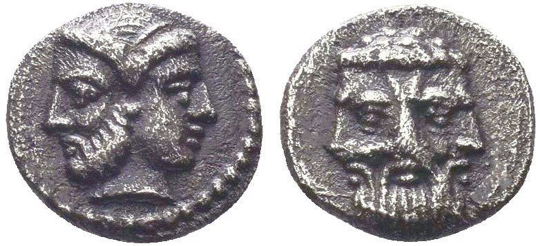 CILICIA. Uncertain. 4th century BC. Obol. Janiform head; on the left, a bearded ...
