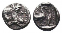 CILICIA, Mallos. Circa 425-385 BC. AR Obol . Forepart of man-headed bull right / Swan standing right; ankh symbol above, barley grain to right; all wi...