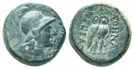 MYSIA. Pergamon. Ae (Circa 133-27 BC).
Obv: Helmeted head of Athena right within wreath.
Rev: AΘHNAΣ / APEIAΣ.
Owl standing right, head facing.

Condi...