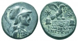 Phrygia, Apameia, c. 88-40 BC. Æ. Philokratos, son of Aristeos, magistrate. Helmeted bust of Athena l., wearing aegis. R/ Eagle alighting r. above mae...