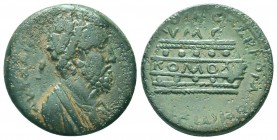 CILICIA, Tarsus. Commodus. 180-192 AD. Æ . Draped bust right, wearing demiourgos crown / Prize crown with KOMODE. SNG Levante 1019

This coin celebrat...