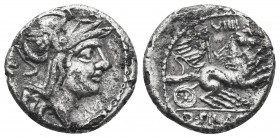 Roman Republic. D. Junius L.f. Silanus, moneyer. AR Denarius minted at Rome, 91 BC. Helmeted head right of Roma; to left, O. Reverse: Victory in biga ...