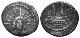 L. Mussidius Longus. Silver Denarius, 42 BC. Rome. Radiate and draped bust of Sol facing slightly right. Rev. [L MV]SSIDIVS LONGVS, circular ornamente...