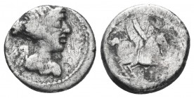 Q. Titius AR Denarius. Rome, 90 BC. Head of Mutinus Titius right, hair bound with winged diadem / Pegasus springing right from linear tablet
inscribed...
