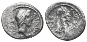 Q. Sicinius and C. Coponius AR Denarius. Military mint moving with Pompey, 49 BC. Diademed head of Apollo right, XVI monogram below, III VIR behind, Q...