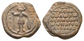 Byzantine lead seal of Theodore Lamiavenus, protospatharios and hypatos (consul) (ca 11th cent.)
Obverse: St. Theodore standing facing, wearing milita...