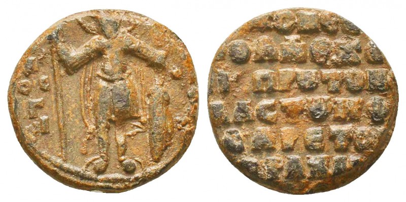 Byzantine lead seal of Philaretos Brachames, protosebastos (11th cent.)
Obverse:...