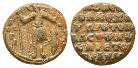 Byzantine lead seal of Philaretos Brachames, protosebastos (11th cent.)
Obverse: St. Theodore standing facing, wearing military dress, holding spear i...