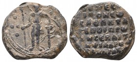Byzantine lead seal of Philaretos Brachames, domestikos of the Scholai of the East and protosebastos (11th cent.)
Obverse: St. Theodore standing facin...