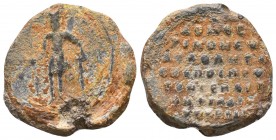 Byzantine lead seal of Philaretos Brachames, domestikos of the Scholai of the East and protosebastos (11th cent.)

Obverse: St. Theodore standing faci...