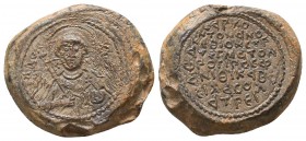 A large nice late Byzantine lead seal of the officer Basileios(ca 13th/14th cent.)
Obverse: Bust of archangel Michael facing, nimbate, wearing militar...