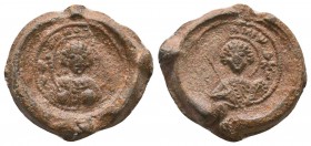 A nice iconographical byzantine lead seal of Avraamios (?) (ca 11th cent.)
Obverse: Bust of a military saint (possibly saint Demetrios of Thessaloniki...