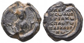 Βyzantine lead seal of Kyriakos Marchapsabos protospatharios (ca 11th/12th cent.)
Obverse: Bust of Mother of God facing, nimbate, wearing chiton and m...