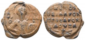 Byzantine lead seal of Aaron proedros and doukas
(11th cent.)
Obv.: Bust of saint Theodore, facial, nimbate, holding spear and shield, his name in eit...
