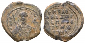 Byzantine lead seal of Theodore protospatharios and in charge of Chrysotriklinon (11th cent.)
Obv.: Bust of saint Theodore, facial, nimbate, holding s...