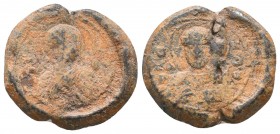 Iconographical anonymous byzantine lead seal 
(11th cent.)
Obv.: Bust of Mother of God facing, nimbate, wearing chiton and maphorion, orans, with Jesu...