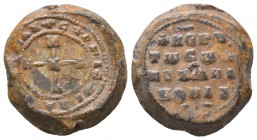 Byzantine lead seal of Michael Konaou (?) officer
(ca 10th cent.)
Obv.: Inscription in 4 lines, +Κ(ΥΡΙ)Ε Β(ΟΗ)Θ(ΕΙ) ΤΩ CΩ Δ(ΟΥΛΩ) MIXAHΛ ΚΟΝΑΟΥ(?)/ re...