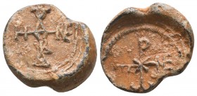 Byzantine lead seal of Theodotos (?) honorary eparch
(ca 6th/7th cent.)
Obv.: Cruciform monogram reading as, ΘΕΟΔΟΤΟΥ.... / 
Rev.: Cruciform monogram ...