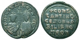 CONSTANTINE VII PORPHYROGENITUS with ZOE (913-959). Follis. Constantinople.
Obv: + COҺSTAҺT' CЄ ZOH Ь'.
Crowned half-length busts of Constantine, wear...