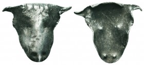 Archaic Era Silver Bull Head ,Circa 600 -400 BC.

Condition: Very Fine

Weight: 2.80 gr
Diameter: 24 mm
