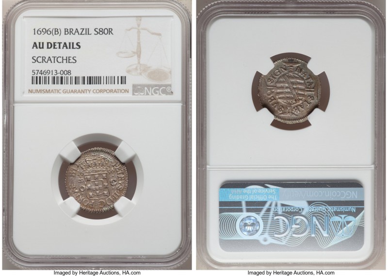 Pedro II 80 Reis 1696 AU Details (Scratches) NGC, KM78. Only light friction over...