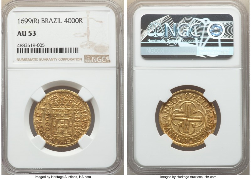 Pedro II gold 4000 Reis 1699-(R) AU53 NGC, Rio de Janeiro mint, KM98, LMB-31. Li...