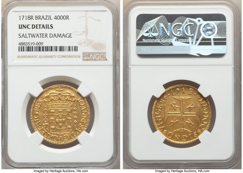 João V gold 4000 Reis 1718-R UNC Details (Saltwater Damage) NGC, Rio de Janeiro ...