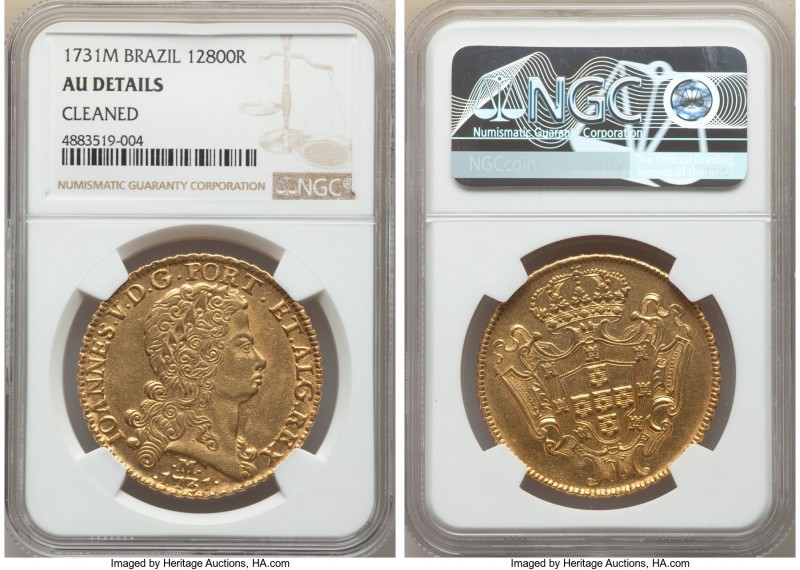 João V gold 12800 Reis 1731-M AU Details (Cleaned) NGC, Minas Gerais mint, KM139...