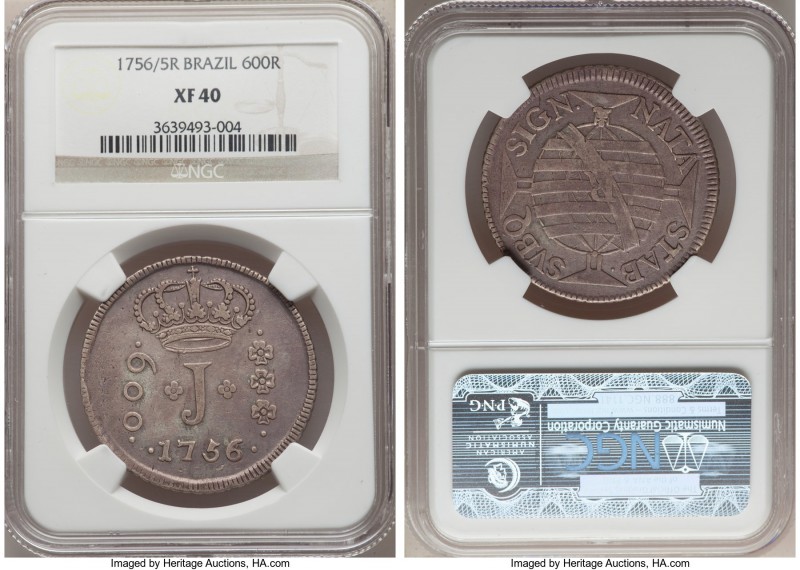 Jose I 600 Reis 1756/5-R XF40 NGC, Rio de Janeiro mint, KM187. A clearly overdat...