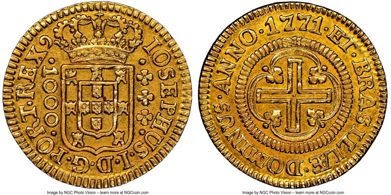 Jose I gold "Large Size" 1000 Reis 1771-(L) AU Details (Scratches) NGC, Lisbon m...